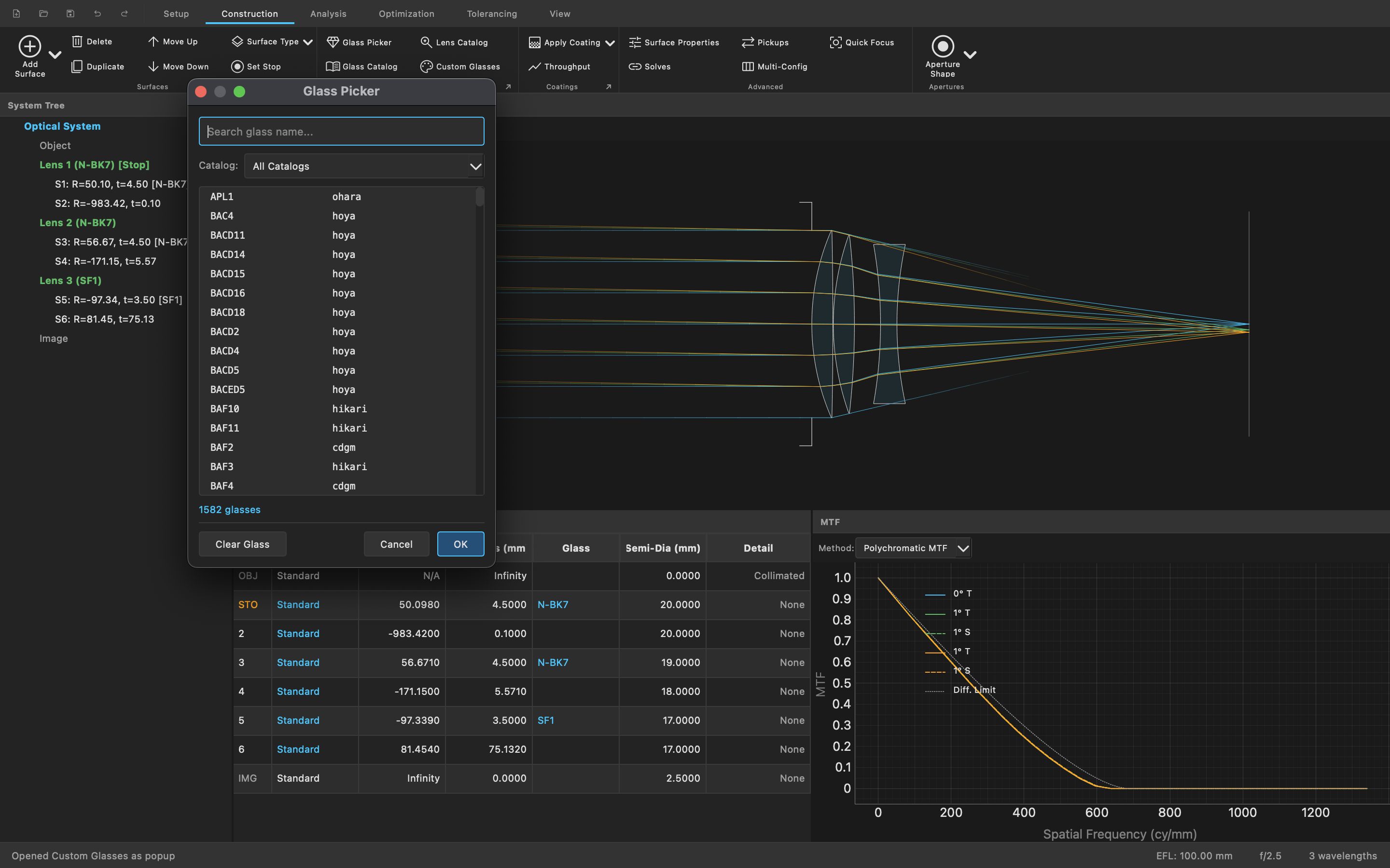 Full Trefoila workflow showing glass catalog, 2D layout, and MTF analysis simultaneously
